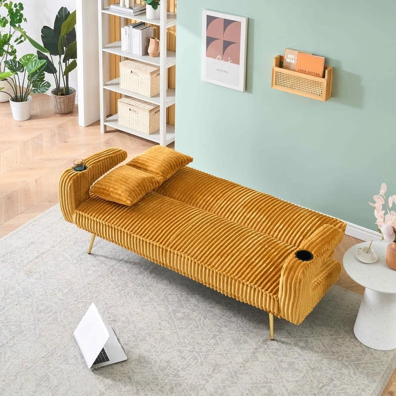FFH Modern Corduroy Futon Sofa Bed with Adjustable Backrest,Convertible Loveseat Sleeper,Soft Couch with Drop-Down Table and Cup Holder for Living room,Pink