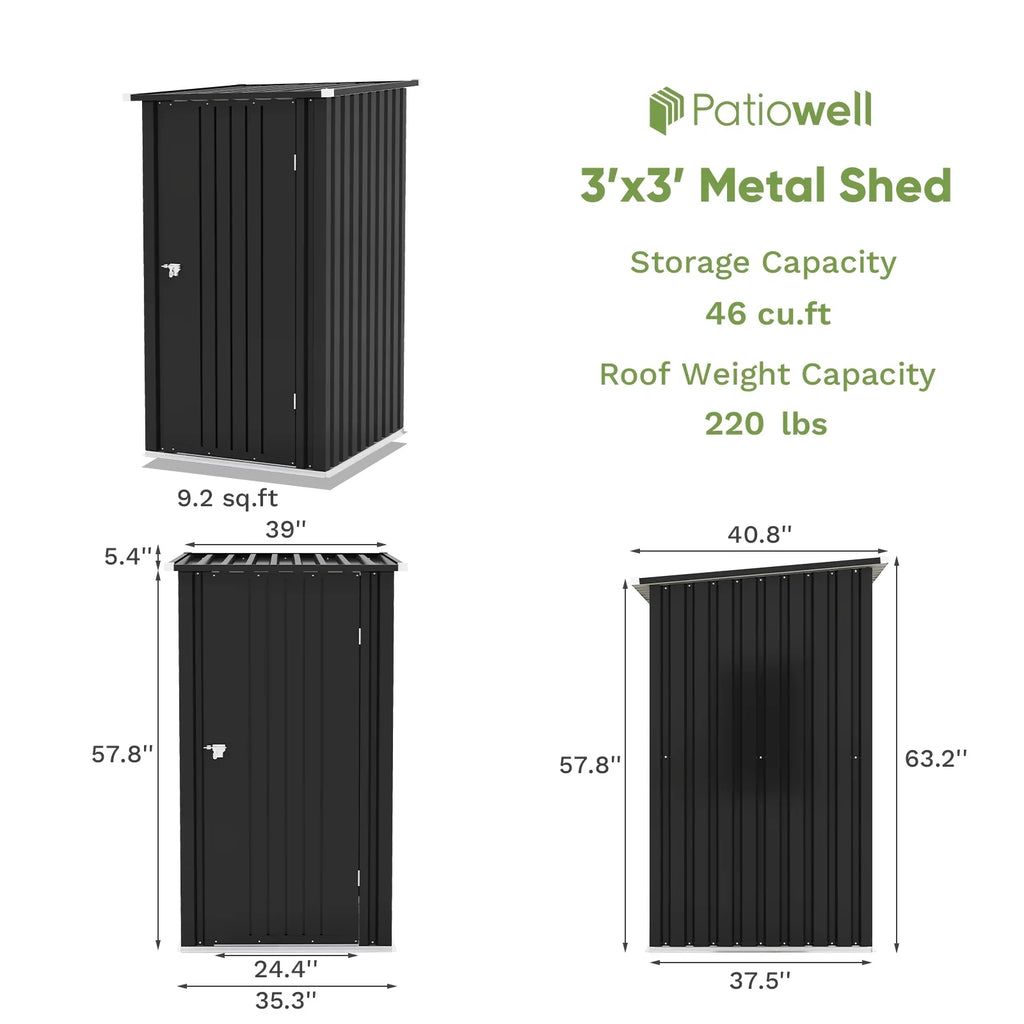 Patiowell 3"3FT Metal Outdoor Storage Shed with Sloping Roof and Single Lockable Door, Black