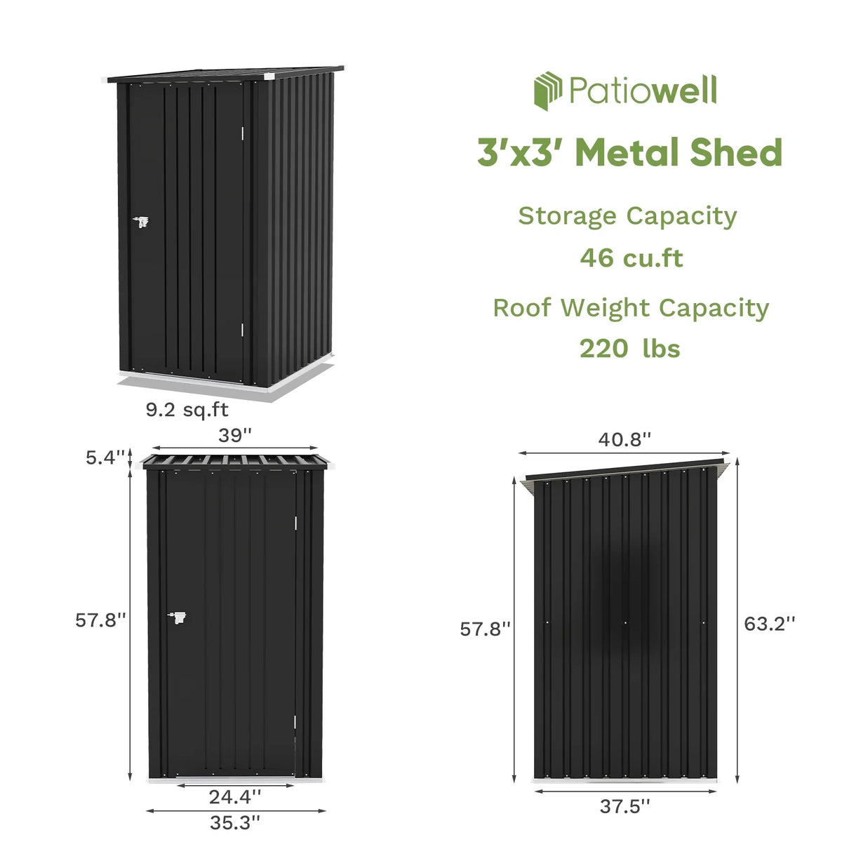Patiowell 3"3FT Metal Outdoor Storage Shed with Sloping Roof and Single Lockable Door, Black