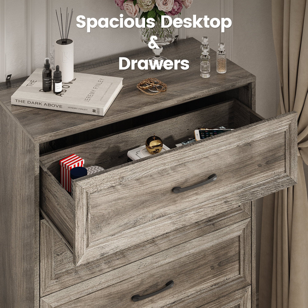 Vabches Farmhouse 5 Drawer Dresser with Metal Handle, Tall Wood Chest of Drawers for Living Room Bedroom,Dark Brown