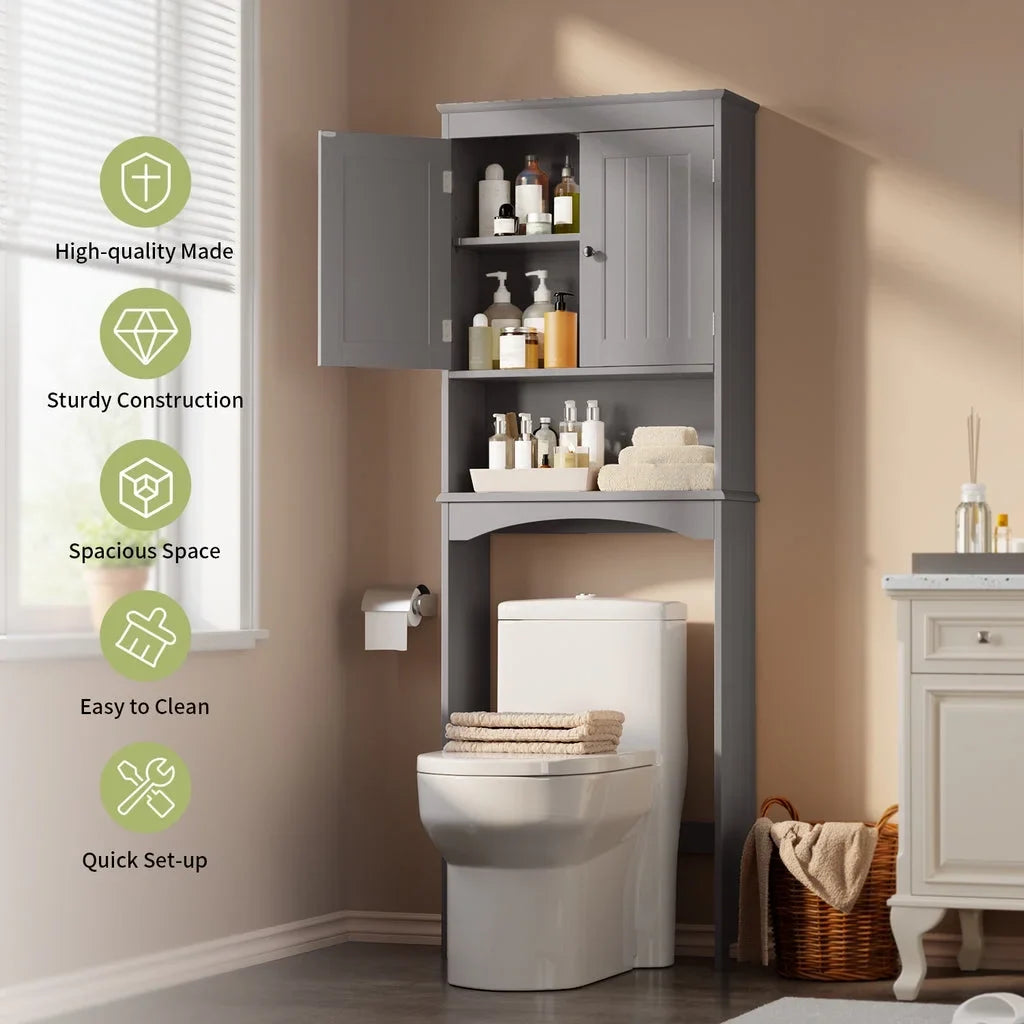 Aiho 66.1" over the Toilet Storage Cabinet with Adjustable Shelf and Open Storage Shelf, Freestanding - White