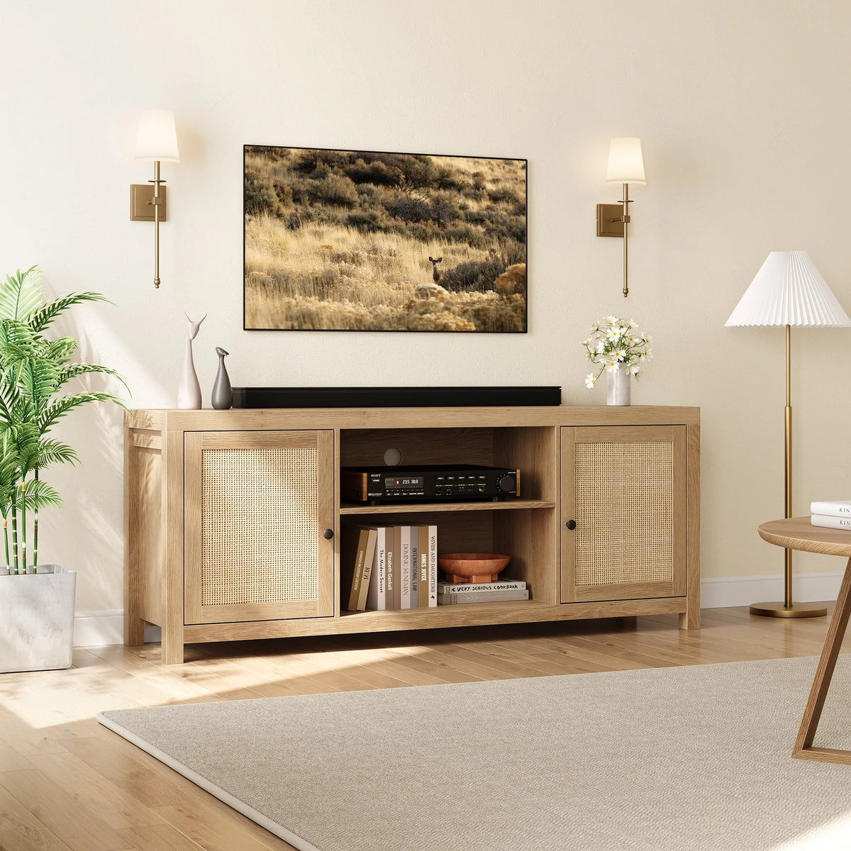 Rattan TV Stand for 65 Inch, Boho Entertainment Center with Storage and Doors, Wood TV & Media Console Under TV Cabinet Furniture for Living Room