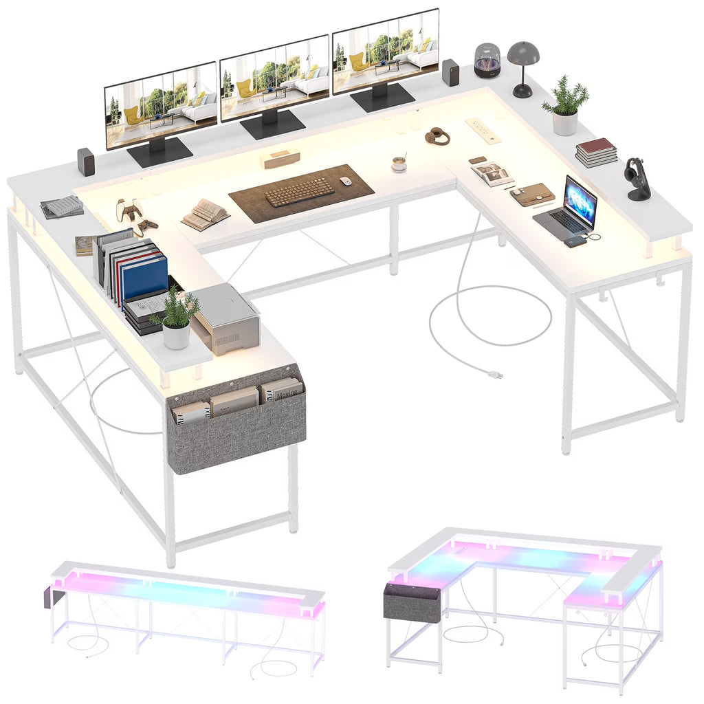 Yesfashion U Shaped Computer Gaming Desk, Reversible L Shaped Desk with Power Outlets, LED Strip & Monitor Stand, Large Corner Desk with Storage Shelves