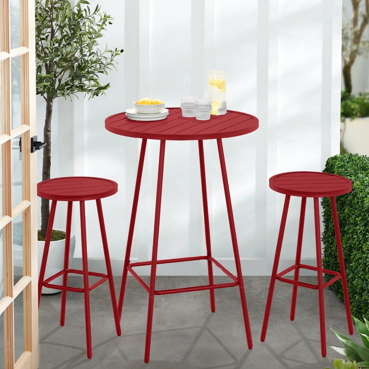 Best Choice Products 3-Piece Steel Patio Bar Height Round Bistro Set w/ Backless Stools, Slatted Design - Black