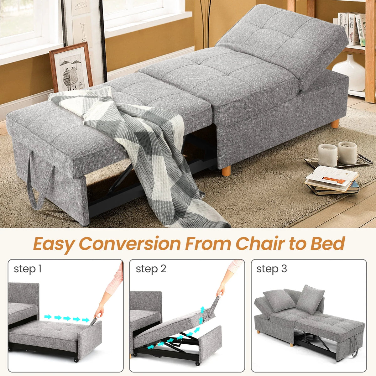 SEJOV 4-in-1 Convertible Sleeper Chair Bed, Linen Sofa Bed for Small Space, Futon Sofa with 2 Throw Pillows for Living Room, Single Recliner with 5 Adjustable Backrest for Bedroom Apartment, Brown