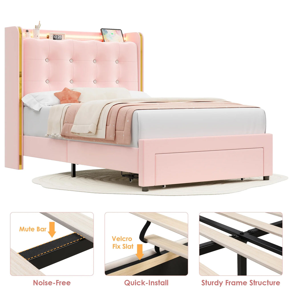 Homfa Twin Size LED Bed Frame with Drawer, Velvet Crystal Button Upholstered Platform Bed Frame with Outlets and USB Ports & Display Platform, No Box Spring Needed, Pink