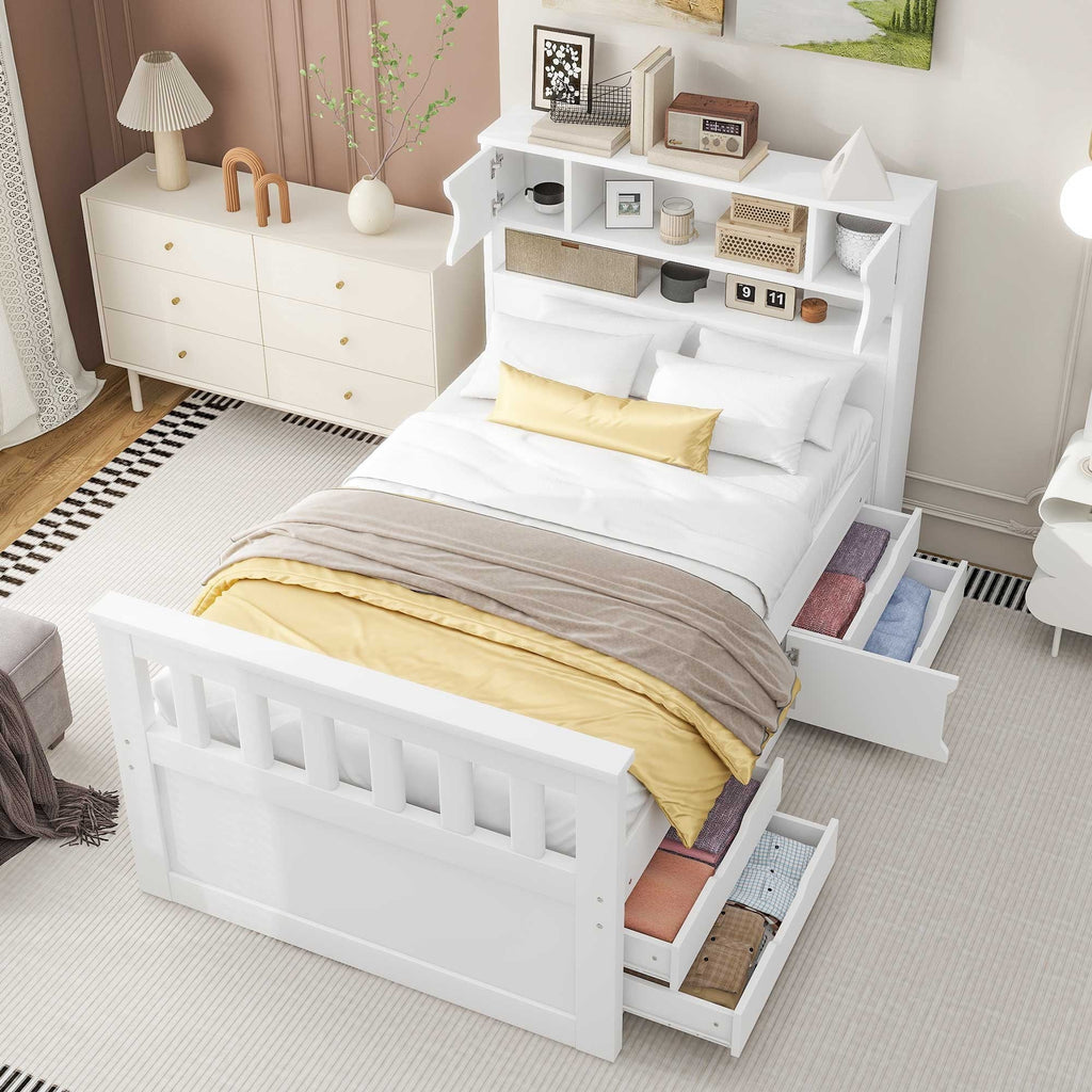 Euroco Wood Twin Size Platform Bed with Storage Headboard, Captain Bed with 4 Drawers, Bookcase and Cabinets, Gray