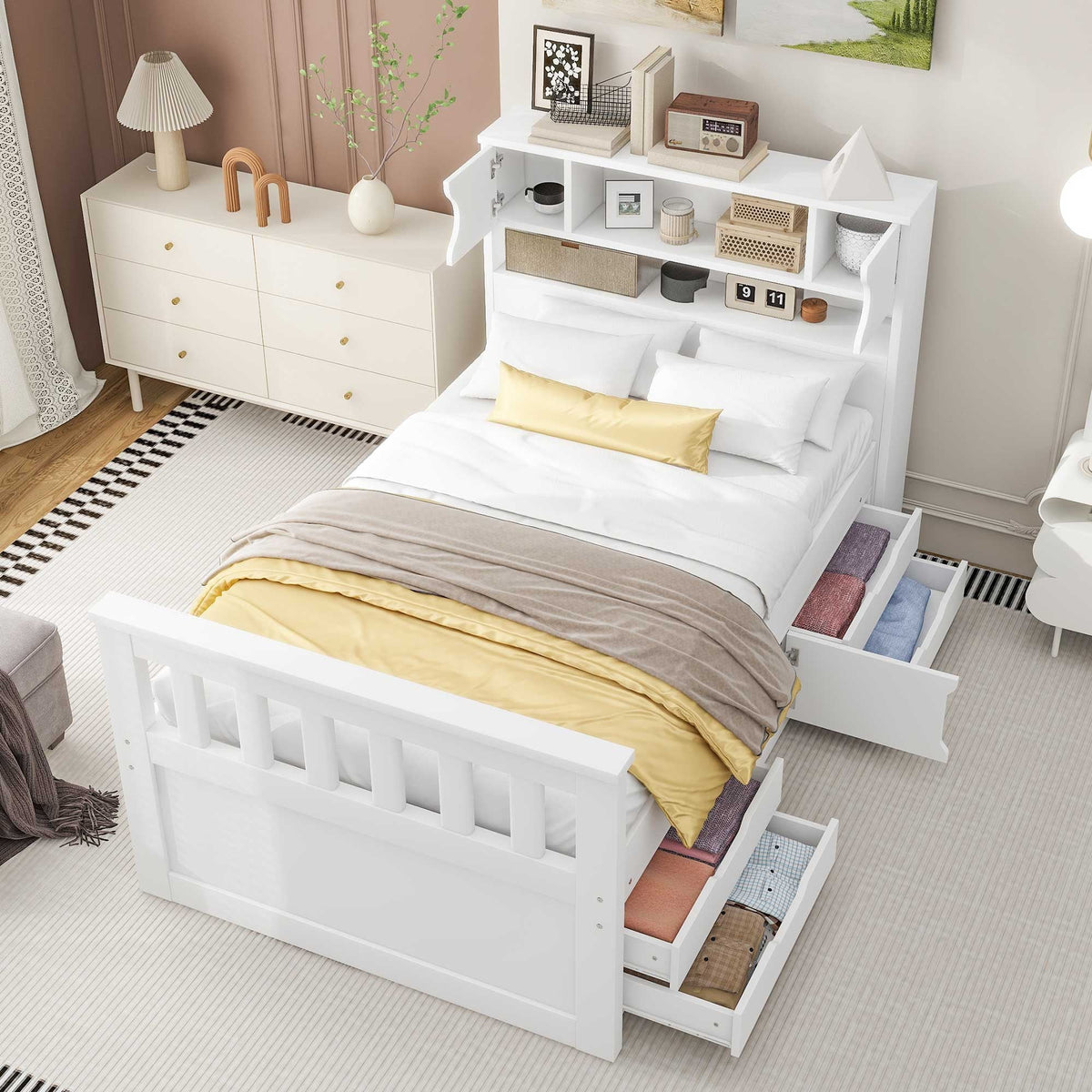 Euroco Wood Twin Size Platform Bed with Storage Headboard, Captain Bed with 4 Drawers, Bookcase and Cabinets, Gray