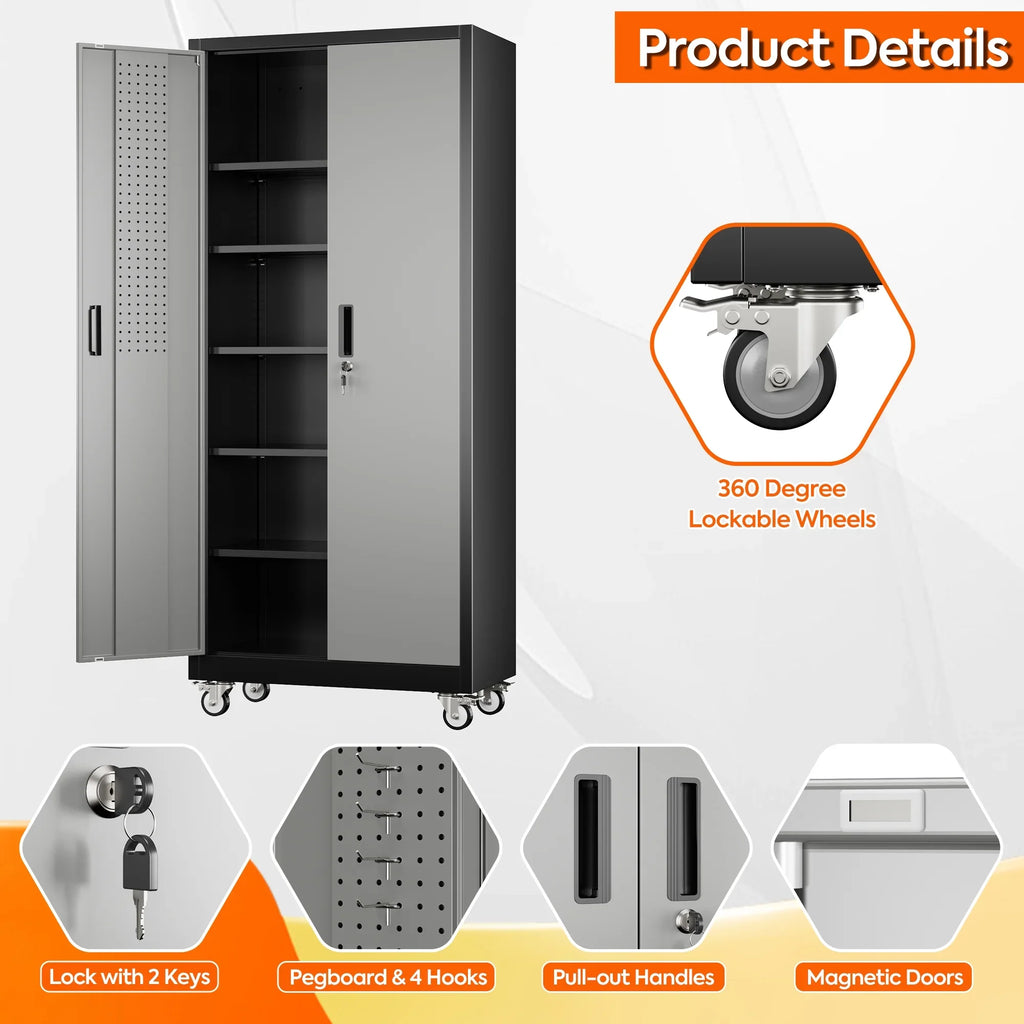 GangMei 71 inches Tall Metal Rolling Garage Storage Cabinets with Locking Doors and 5 Adjustable Shelves, Metal Storage Cabinet for Garage, Office, Home, Classroom, Assemble Required(Black)