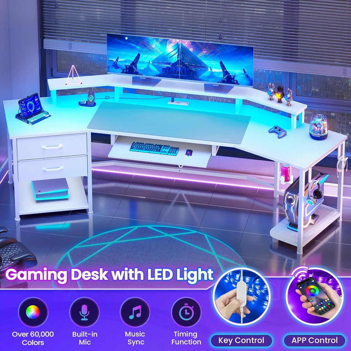 79" Gaming Desk with LED Lights and Power Outlets, U Shaped Desk with Monitor Stand and Drawers, Gaming Table with Keyboard Tray, Cup Holder and CPU Stand for Bedroom, Carbon Fiber Black