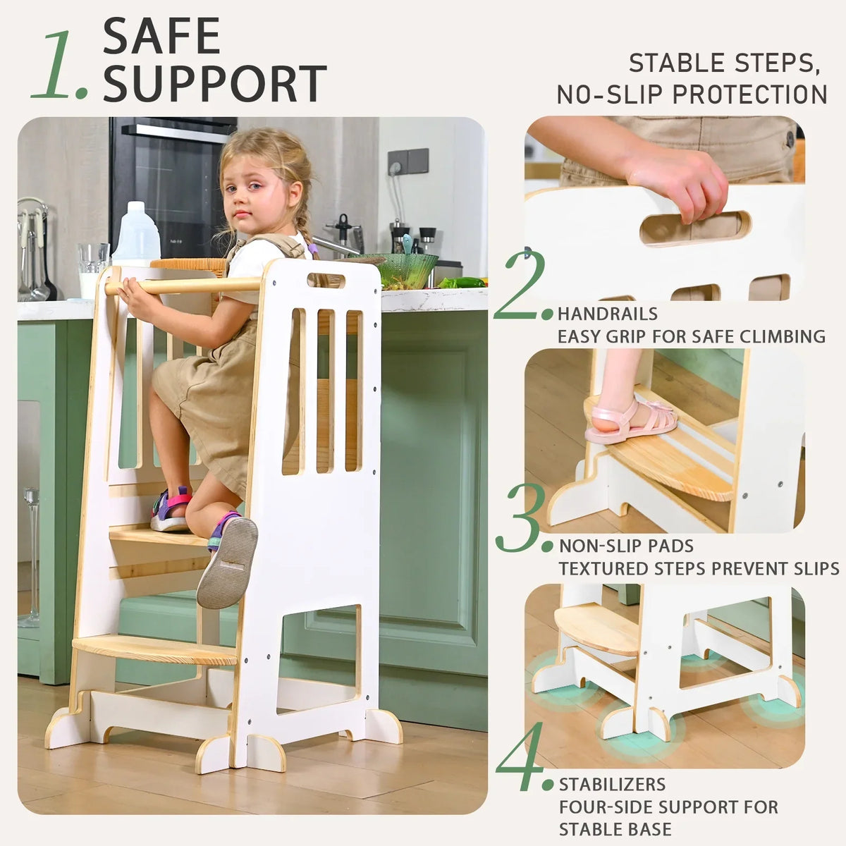 Toddler Standing Tower, Kids Kitchen Stool Helper 3 Levels Adjustable Height Wooden Toddler Step Stools for Learning New Skills
