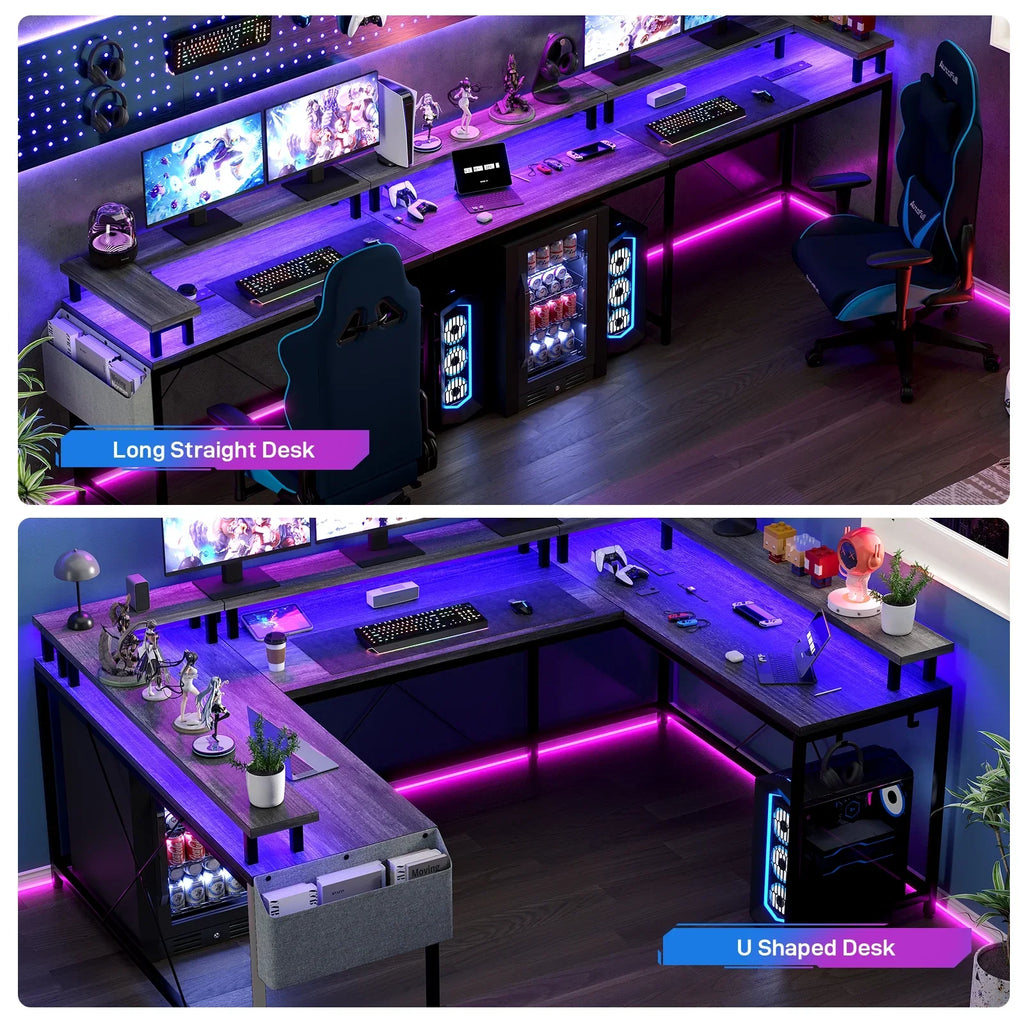 Yesfashion U Shaped Computer Gaming Desk, Reversible L Shaped Desk with Power Outlets, LED Strip & Monitor Stand, Large Corner Desk with Storage Shelves