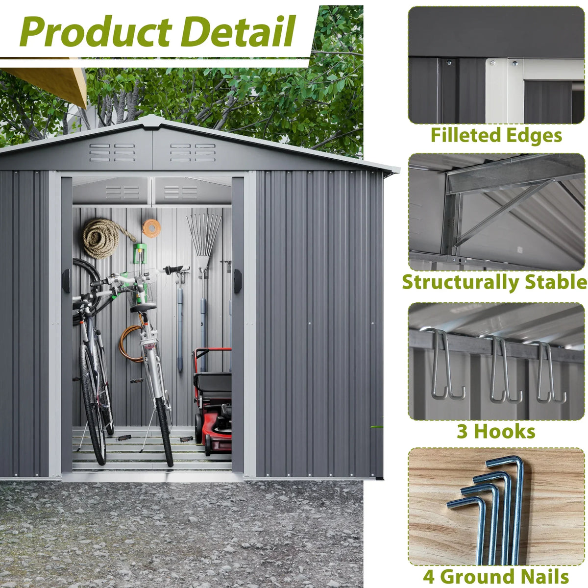 LZBEITEM 10 x 10 ft Outdoor Storage Shed with Floor Frame Kit, Galvanized Steel Garden Sheds, Garden Tool Shed with Double Lockable Doors for Backyard Patio Lawn, Grey