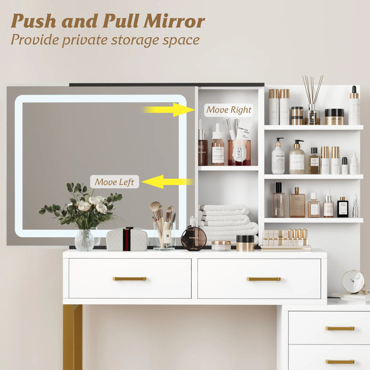 Vanity Desk with Adjustable LED Lighted Sliding Mirror,Makeup Vanity with 5 Drawers&Open Shelves for Bedroom