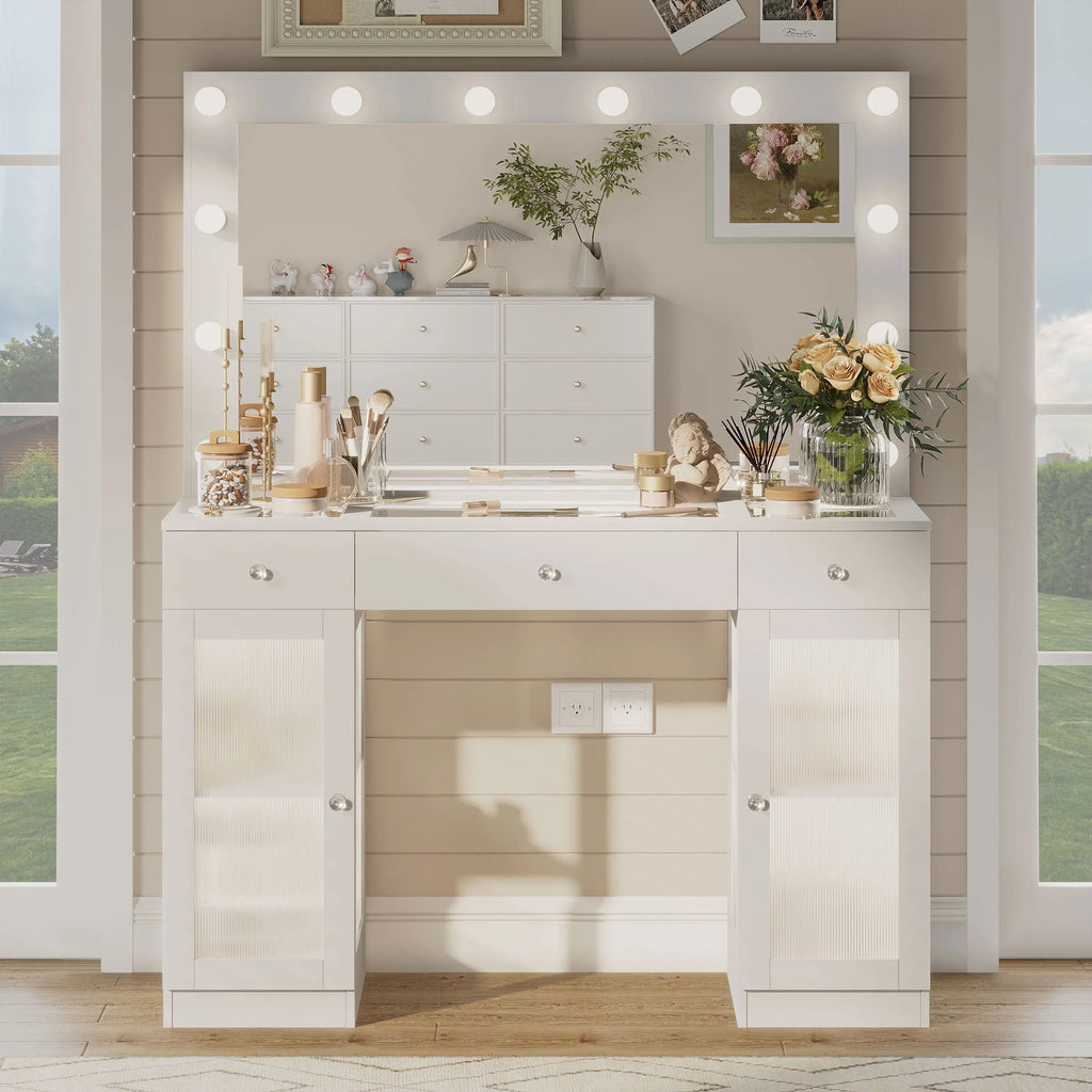 ABOVOBA Vanity Desk with Mirror and Lights,3 Drawers and Power Outlet Makeup Vanity for Women,White