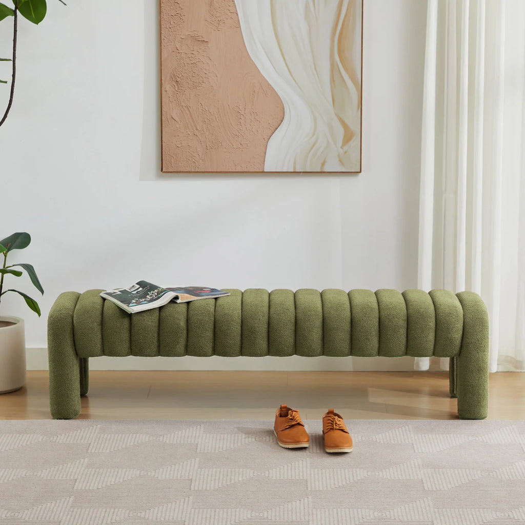 Zesthouse 63" End of Bed Bench, Linen Tufted Upholstered Ottoman Bench with Padded Seat and Solid Wood Leg, Modern Entryway Bench for Bedroom, Living Room, Beige