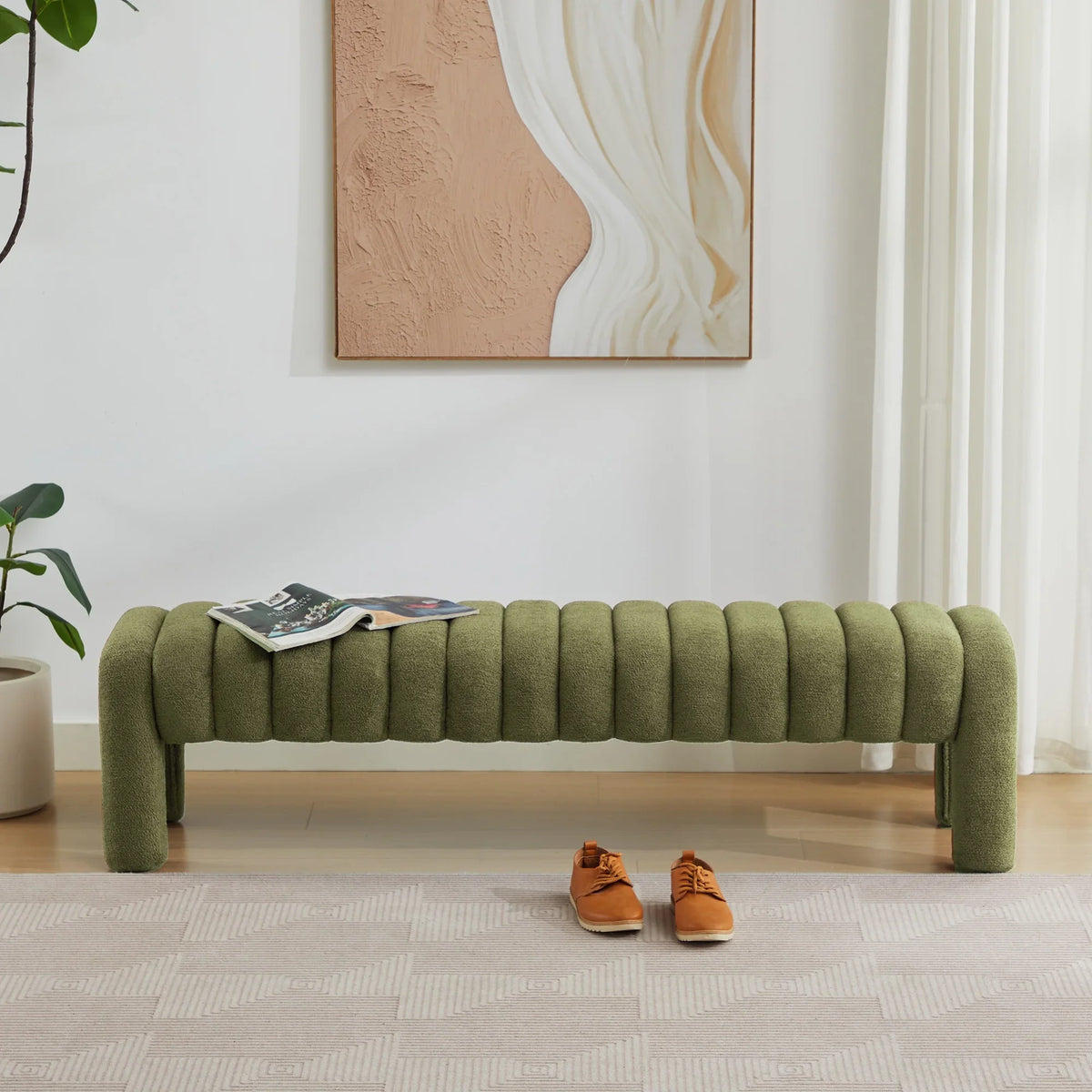 Zesthouse 63" End of Bed Bench, Linen Tufted Upholstered Ottoman Bench with Padded Seat and Solid Wood Leg, Modern Entryway Bench for Bedroom, Living Room, Beige