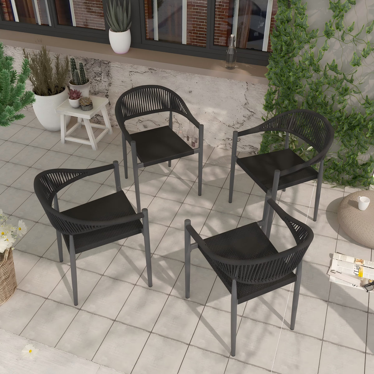 Vmopu New Set of 4 Gray Outdoor Stackable Dining Chair, PE Rattan for Bistro Restaurant Garden