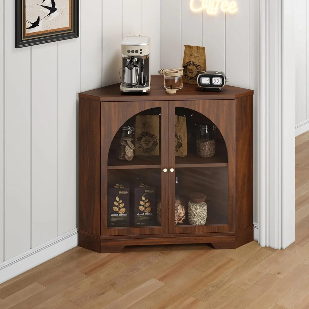 Mid Century Modern Corner Cabinet, Freestanding Curved Corner Storage Shelf with Doors and Adjustable Shelves, Farmhouse Storage Cabinet for Living Room Kitchen Bathroom (Walnut)