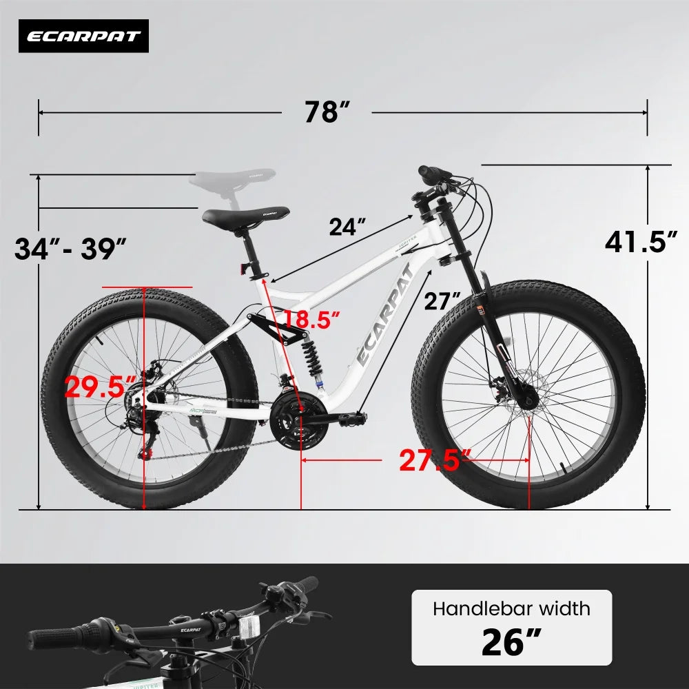 26 inch Mountain Bike for Men, 26*4" Fat Tire Mountain Bicycles,Full-Suspension 21-Speed Drivetrain with Disc Brakes