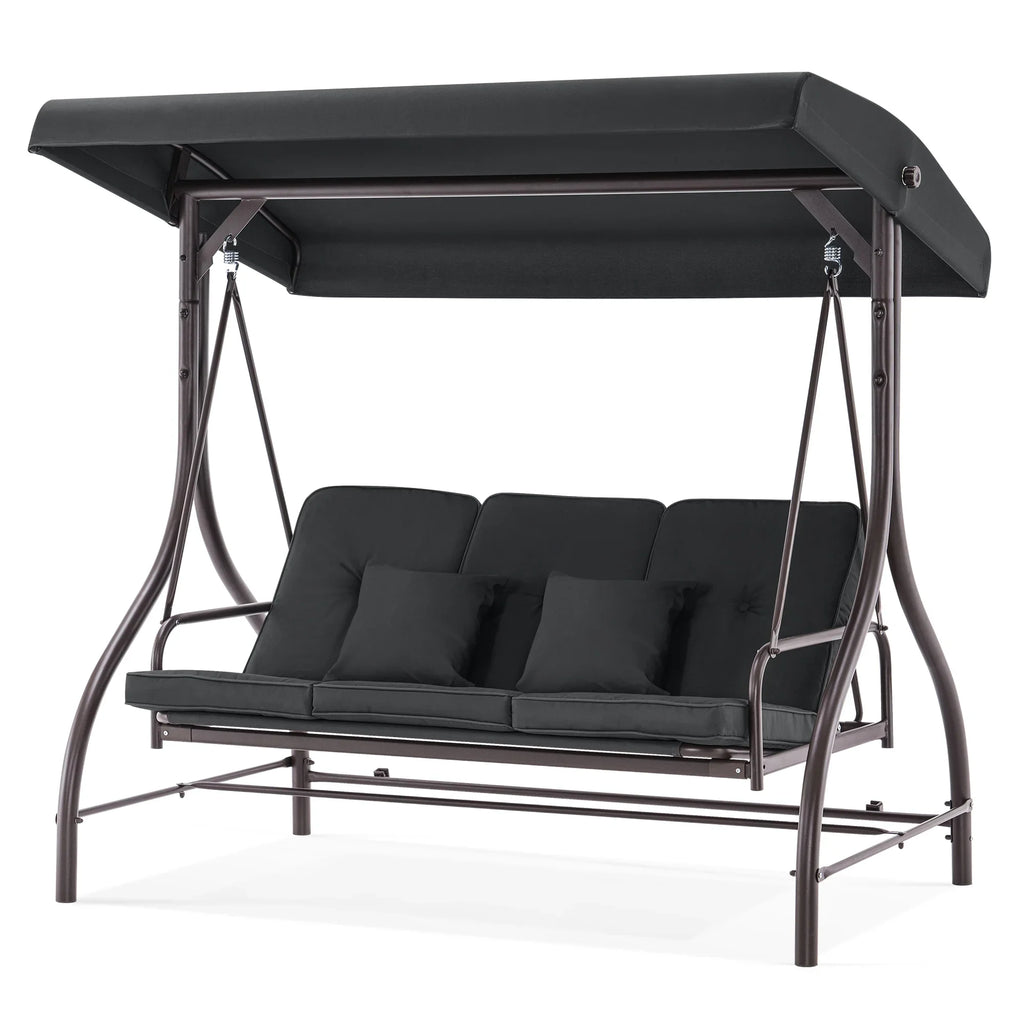 MCombo 3-Seat Outdoor Patio Swing Chair Cushioned with Adjustable Backrest and Canopy, Pillow, Brown