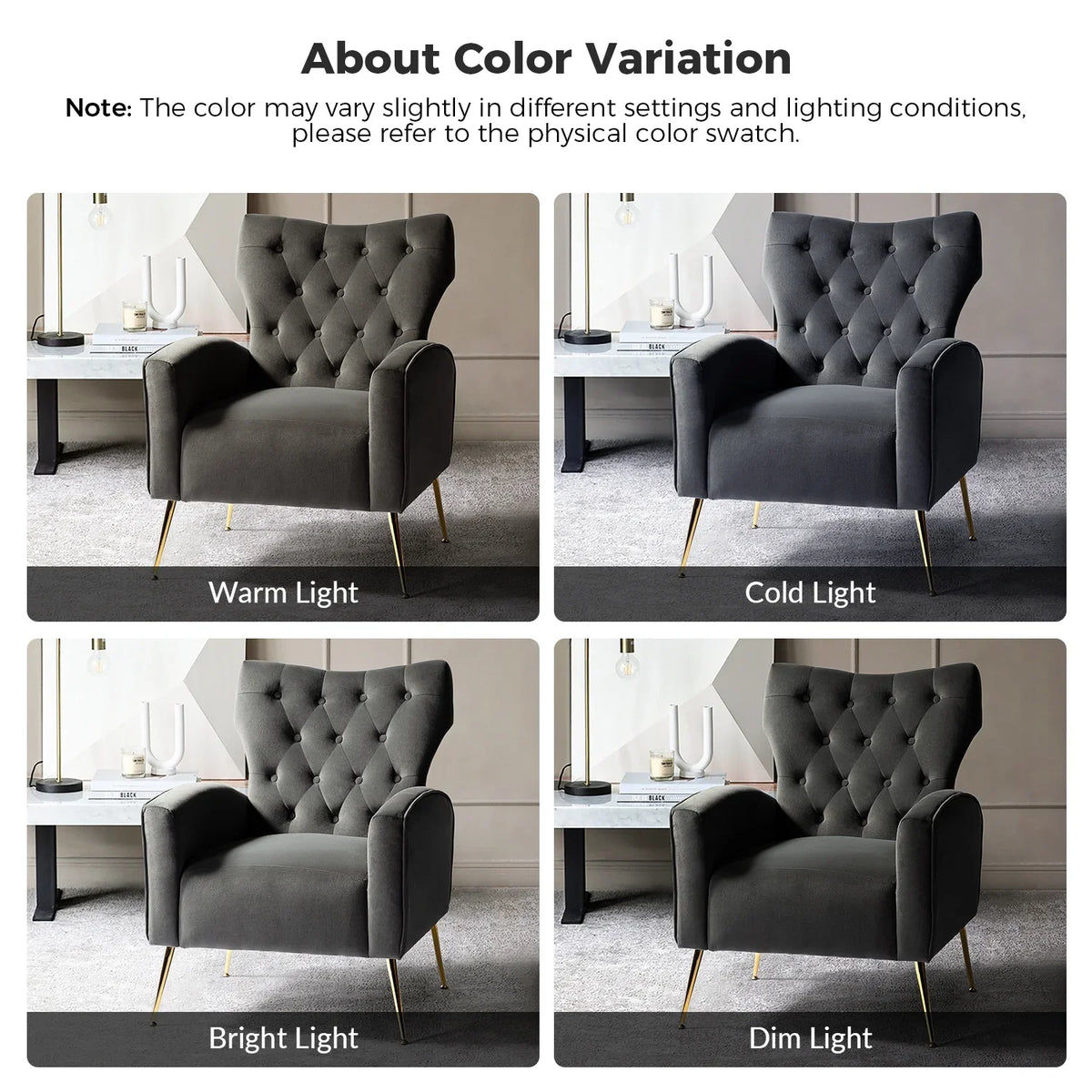 Modern Velvet Accent Chair Upholstered Sofa Armchair Button Tufted Metal Legs Adult Bedroom Home Living Room Grey