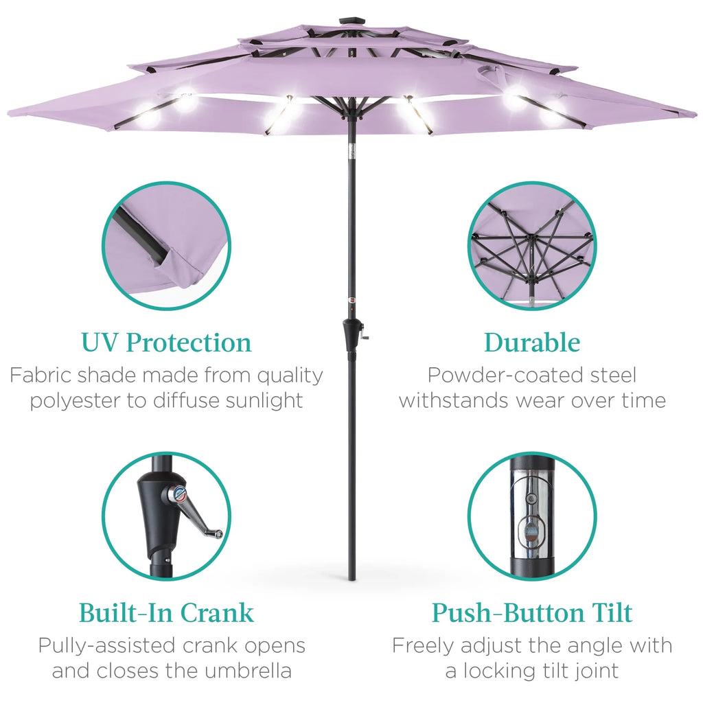 Best Choice Products 10ft 3-Tier Solar Patio Umbrella w/ 24 LED Lights, Tilt Adjustment, Easy Crank - Tan