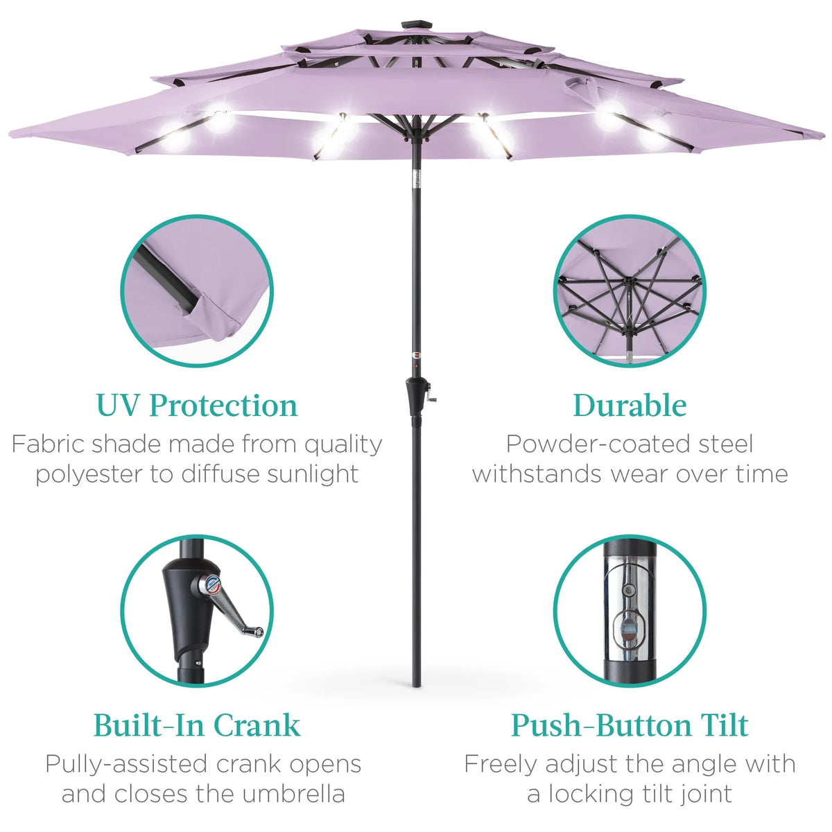 Best Choice Products 10ft 3-Tier Solar Patio Umbrella w/ 24 LED Lights, Tilt Adjustment, Easy Crank - Tan