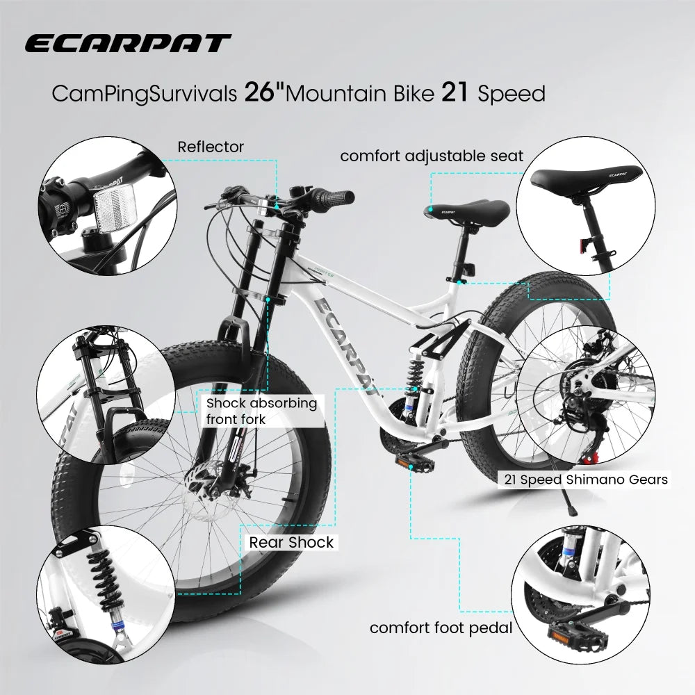 26 inch Mountain Bike for Men, 26*4" Fat Tire Mountain Bicycles,Full-Suspension 21-Speed Drivetrain with Disc Brakes