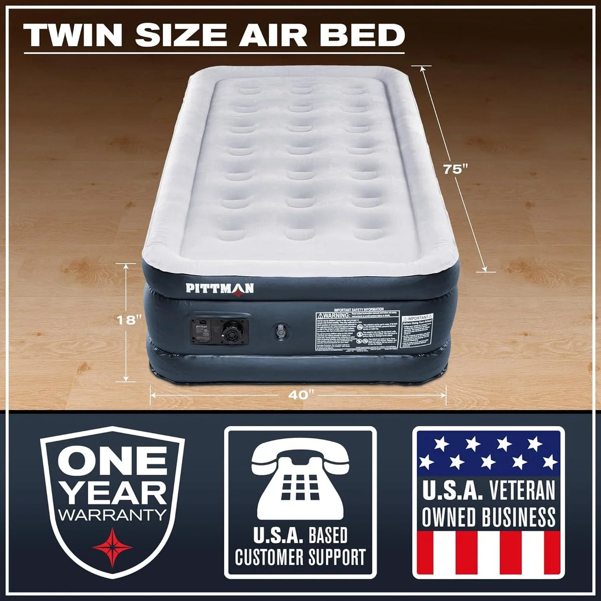 Pittman - Twin Air Mattress with Built-in Pump Raised 18" - Self Inflating Twin Air Bed