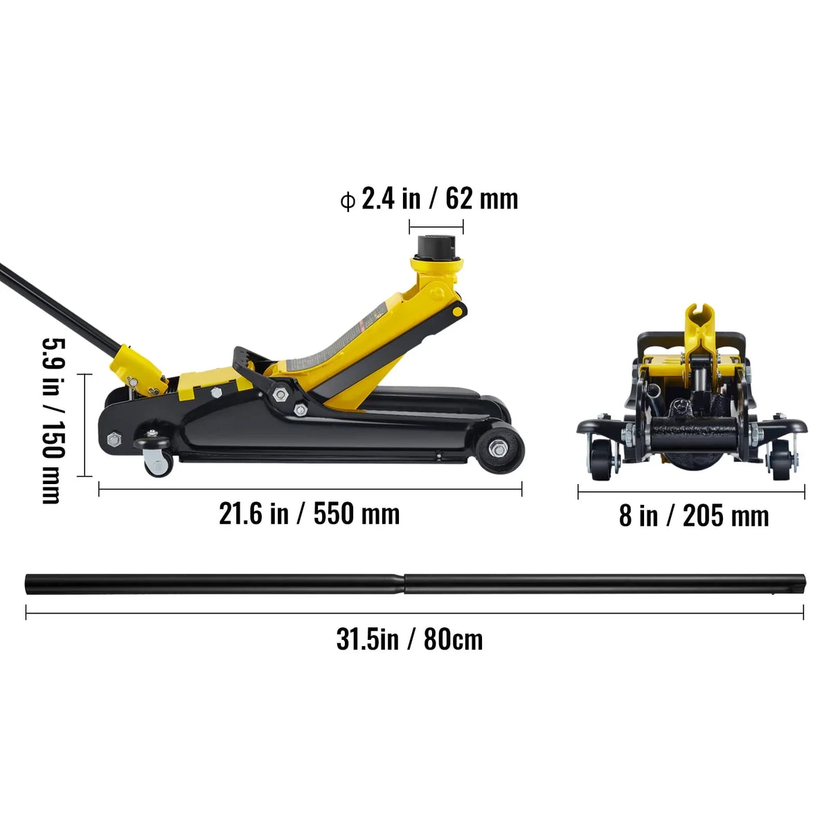 KFFKFF Low Profile Floor Jack,2.5 Ton(5500 lbs) Slim Profile, Durable Steel Racing Lift with Single Piston Pump, Range 3.35"-14.96""Black+Yellow