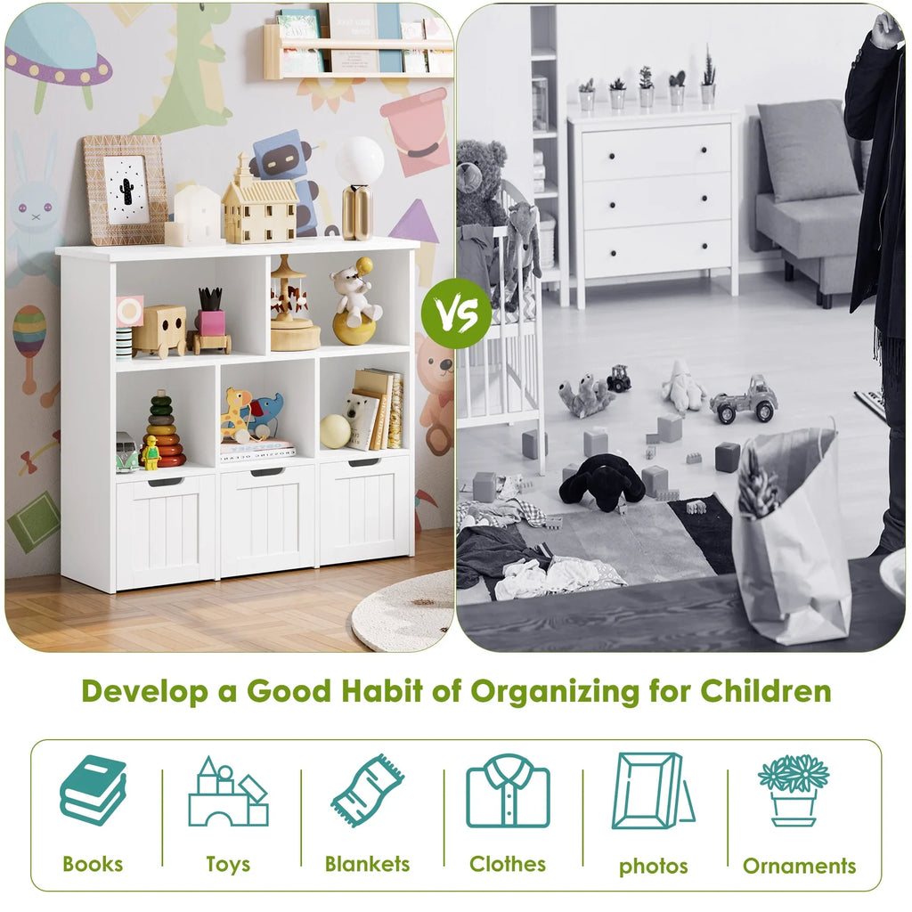 Homfa Toy Storage Organizer with 3 Movable Drawers, 5 Cube Kids Bookcase for Playroom, Storage Cabinet for Living Room, White Finish