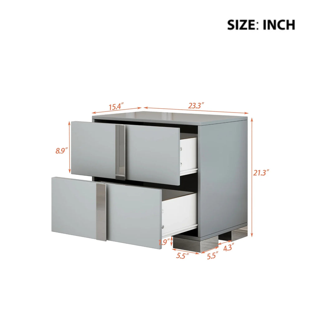 Elegant Nightstand with Metal Handle, Mirrored Bedside Table with 2 Drawers for Bedroom, Living Room, End Sofa Side Table for Living Room, Office, White