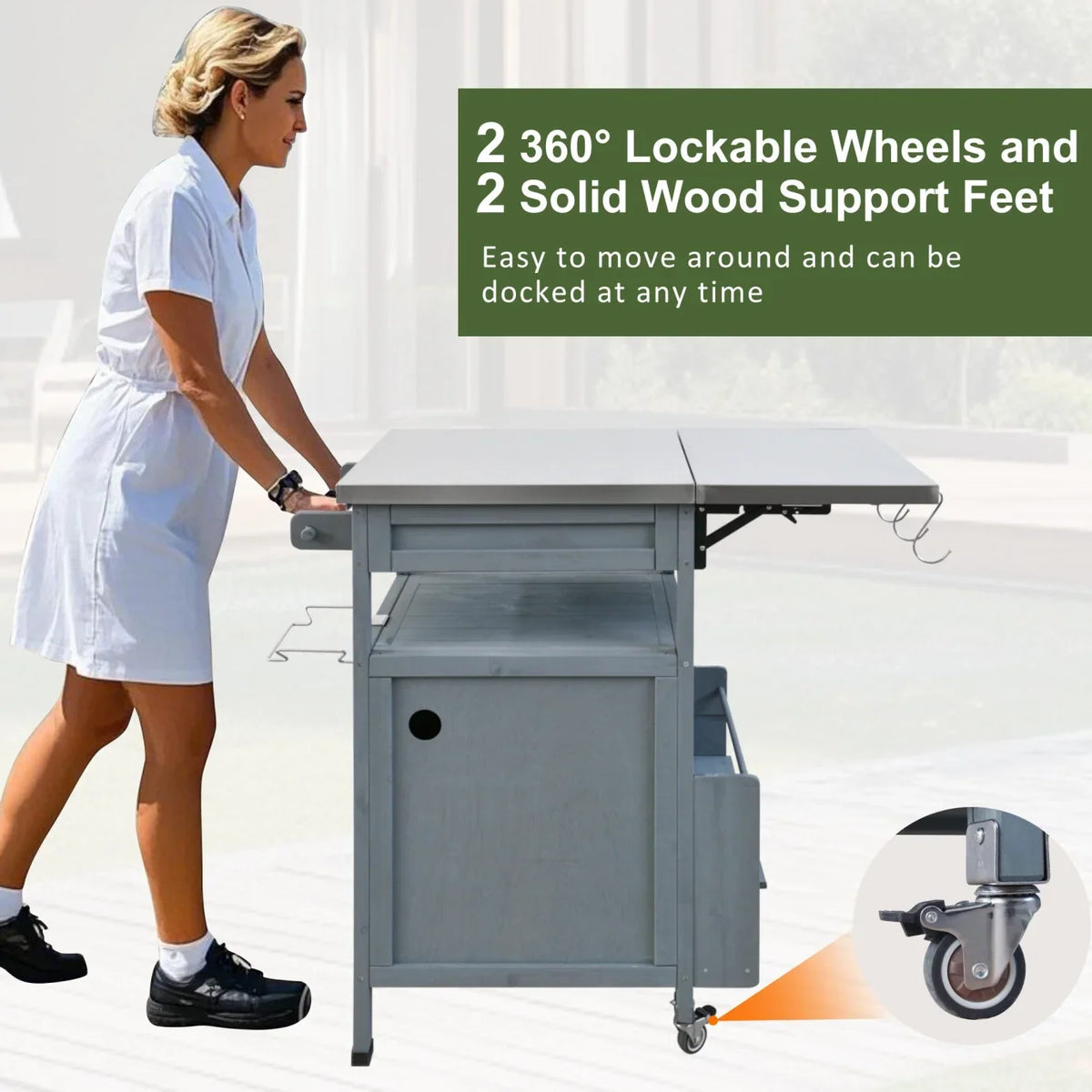 Solid Wood Outdoor Kitchen Island with Drop Leaf, Grill Table with Stainless Steel Table Top, Outdoor Bar Cart & Storage Cabinet with Lockable Wheels, Drawer, Spice Rack, Blue Grey