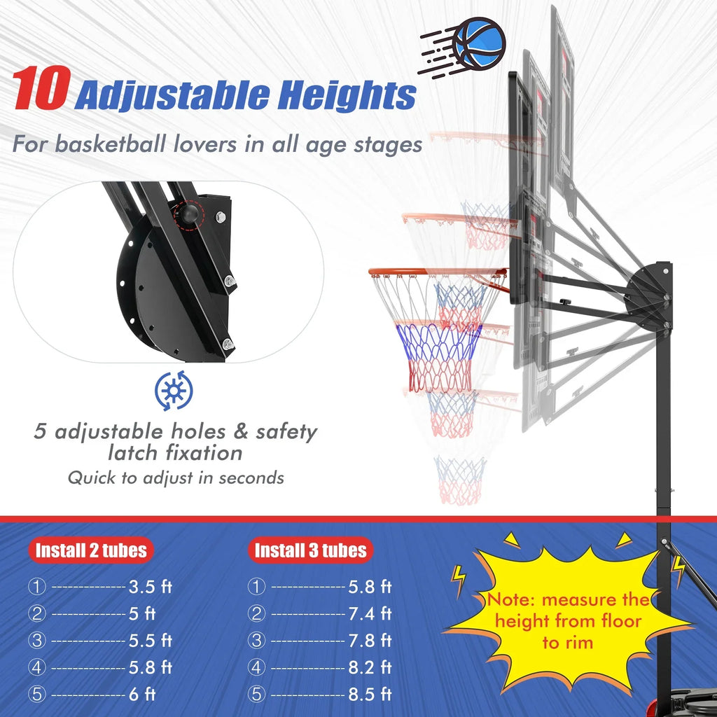 Infans Portable Basketball Hoop System 5-10 FT Adjustable W/Weight Bag Wheels Outdoor