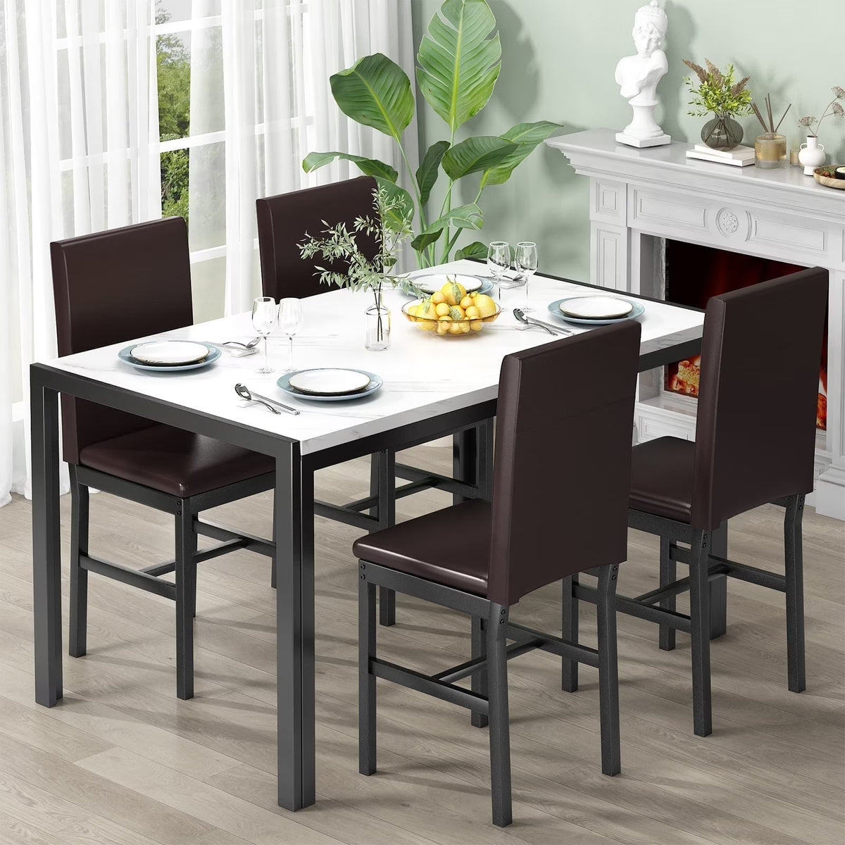 AWQM Dining Table Set of 4, Faux Marble 5 Piece Dining Room Table Set with PU Leather Chairs, Rectangular Kitchen Table Set for Apartment, Dining, White