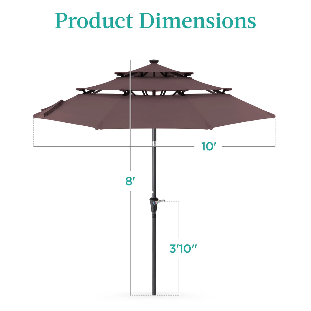 Best Choice Products 10ft 3-Tier Solar Patio Umbrella w/ 24 LED Lights, Tilt Adjustment, Easy Crank - Tan