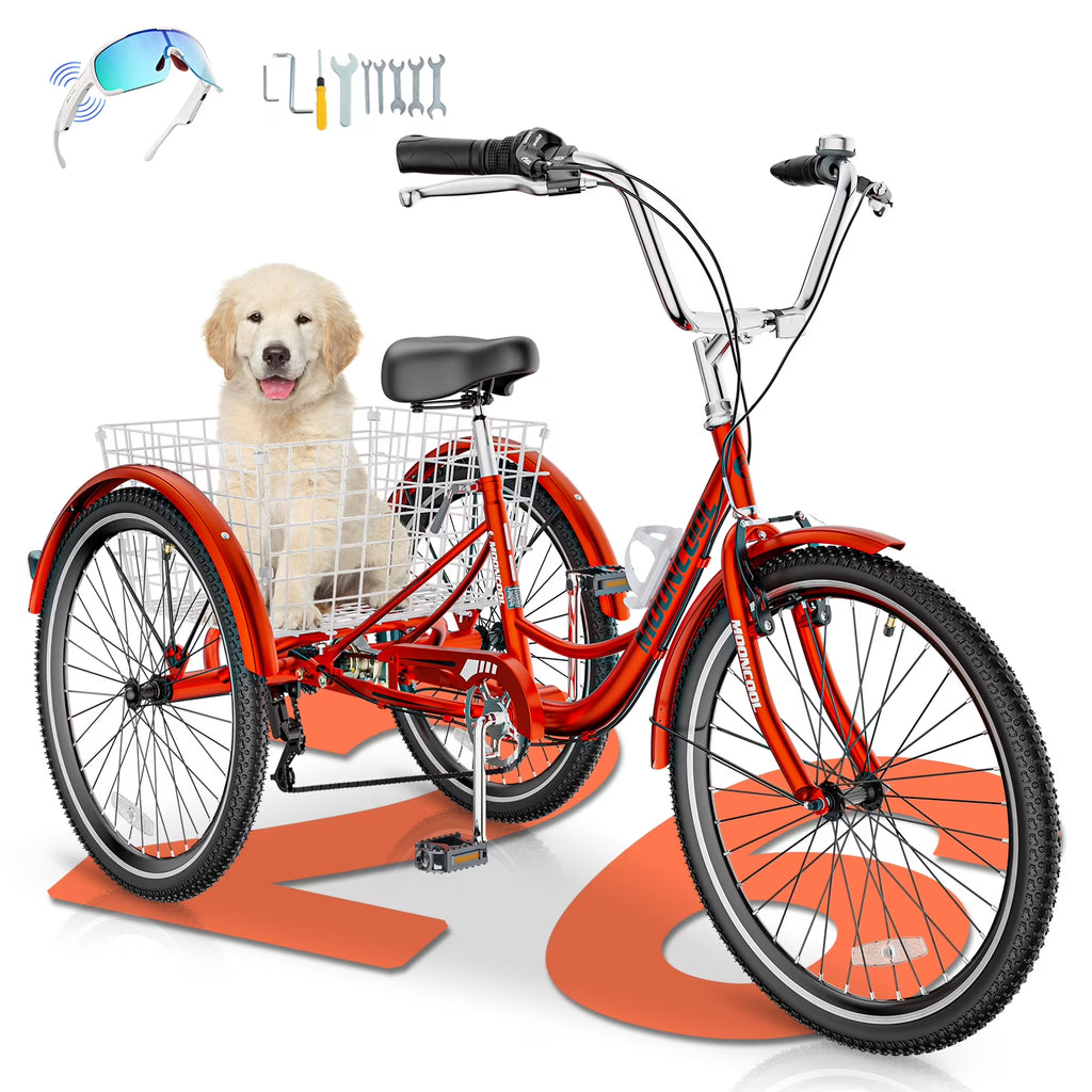 MOONCOOL Adult Tricycles with Rear Basket & Inflator, 24 26 inch 7 Speed 3 Wheel Bikes, Three-Wheeled Bicycles Adult Trike with Backrest for Seniors, Women, Men