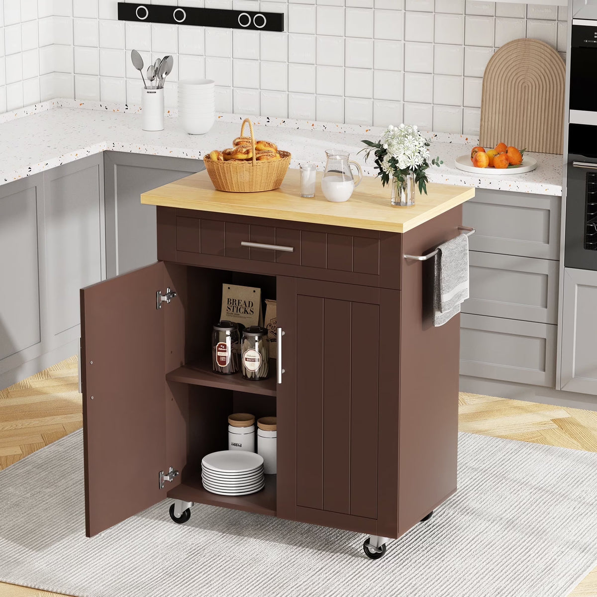 Walsunny Kitchen Island Table Stand with Storage on Wheels,Rolling Kitchen Cart Storage Cabinet with Drawer,White