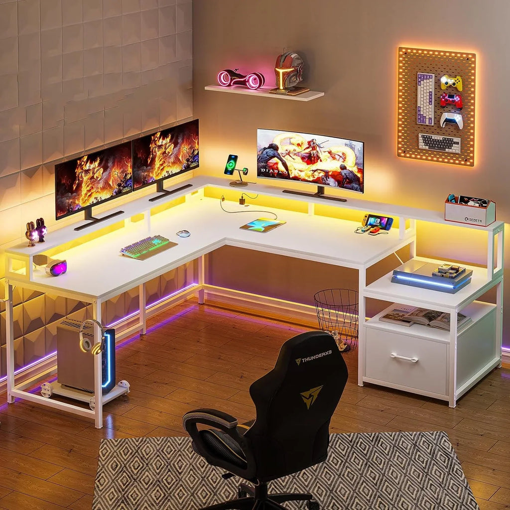 L Shaped Desk with Power Outlet and LED Lights, Corner Computer Desk with File Drawer for Home Office, Gaming Desk, Rustic Brown