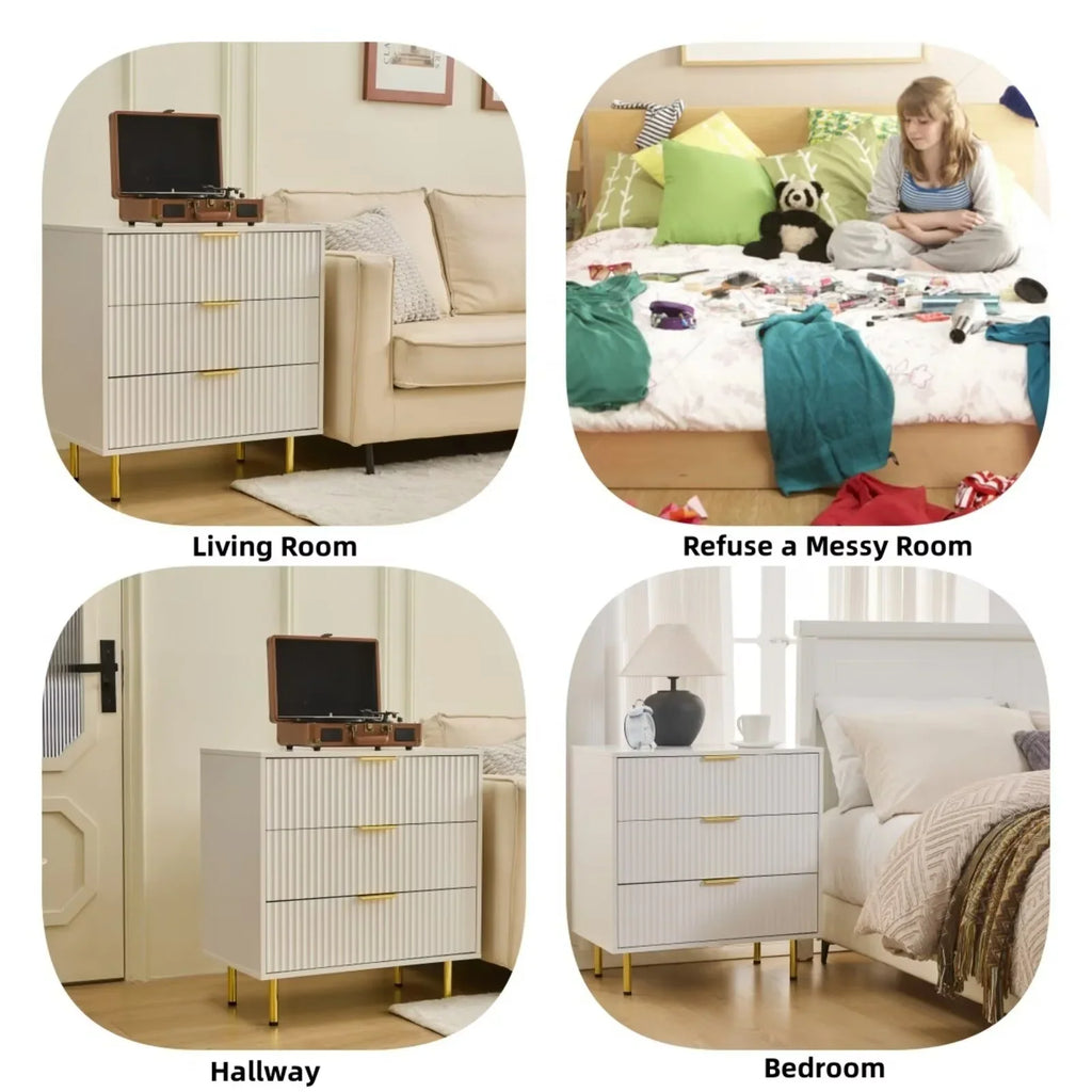 HRYJ White Large 3 Drawers Nightstand Dresser Fluted Wood Night Stand Bedside Table for Bedroom