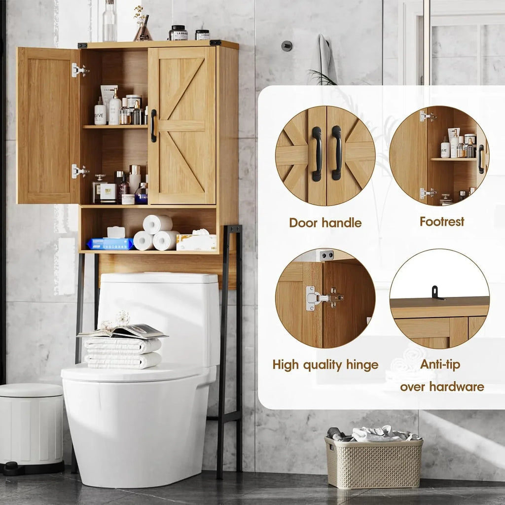 Vabches Over The Toilet Storage Cabinet, 68" H Farmhouse Freestanding Bathroom Storage Organizer with Double Doors & Storage Shelves