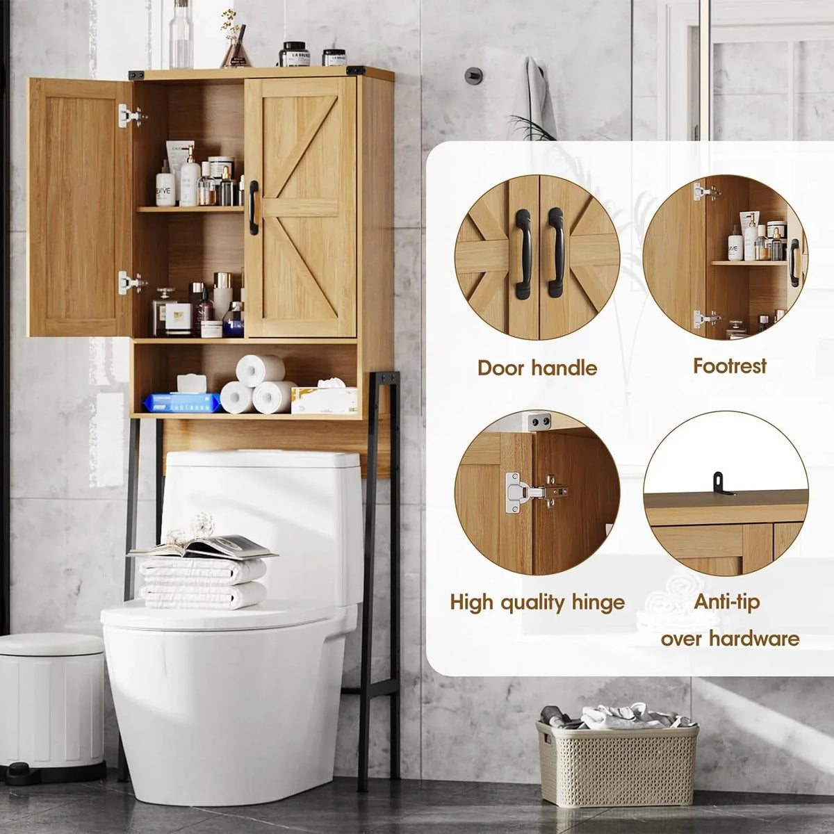 Vabches Over The Toilet Storage Cabinet, 68" H Farmhouse Freestanding Bathroom Storage Organizer with Double Doors & Storage Shelves