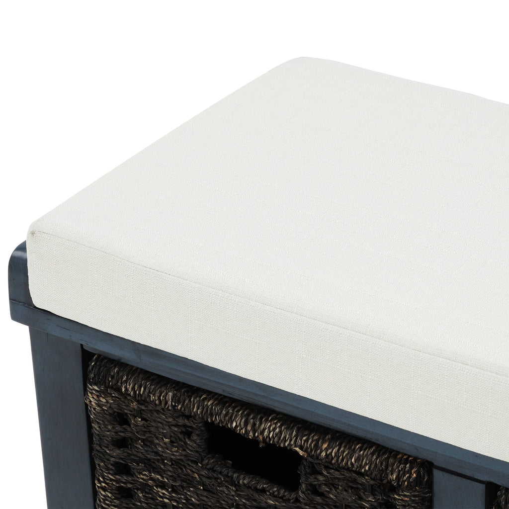 Entryway Storage Bench with 3 Woven Baskets and Removable Cushion, Entry Hallway Foyer Shoe Bench End of Bed Bench, Fully Assembled, 41.3" L x 15.7" W x 17" H (White Washed)