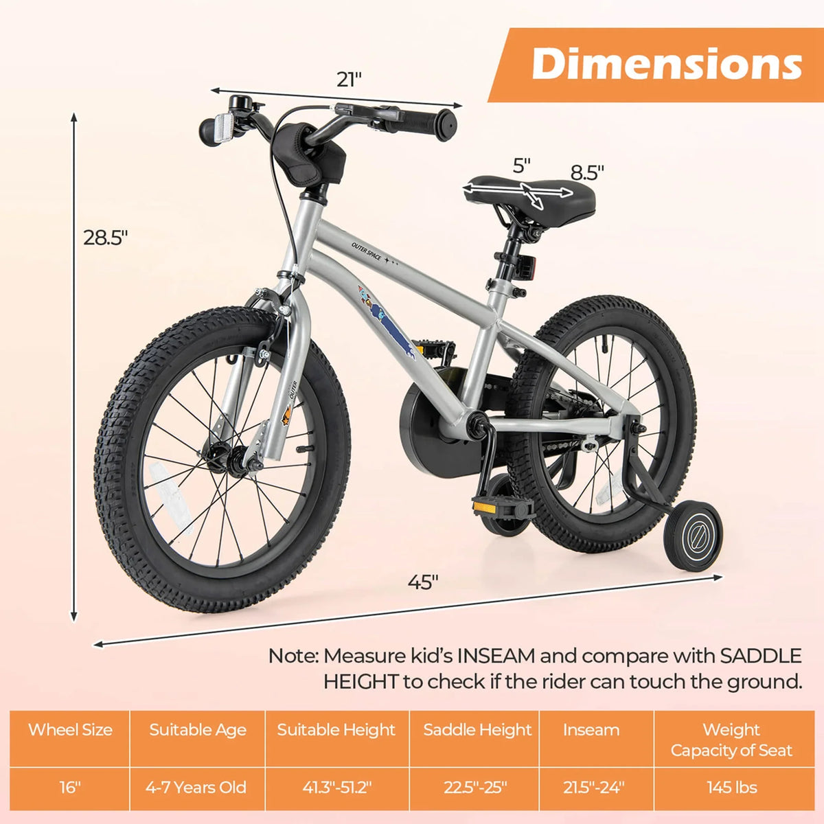 Costway 16-Inch Kid’s Bike for 4-7 Years Old with Adjustable Saddle & Anti-slip Handlebar Black