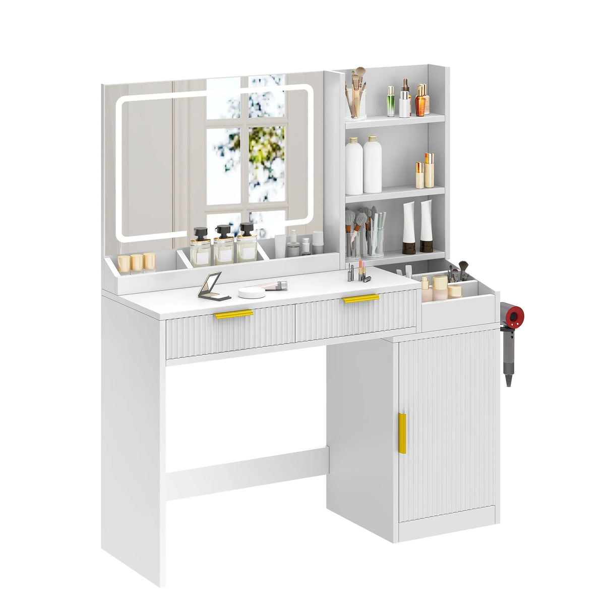Craftian White Makeup Vanity Desk with Large Mirror and Lights, Dressing Table with 2 Storage Drawers & Power Outlets
