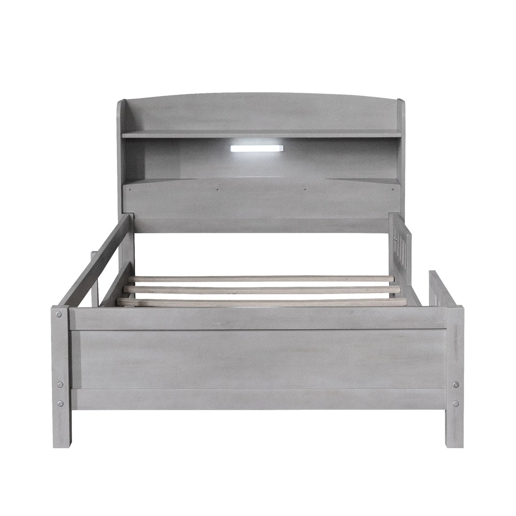 Euroco Wood Twin Size Platform Bed with Storage Headboard, Shelves and LED Light for Kids, Gray