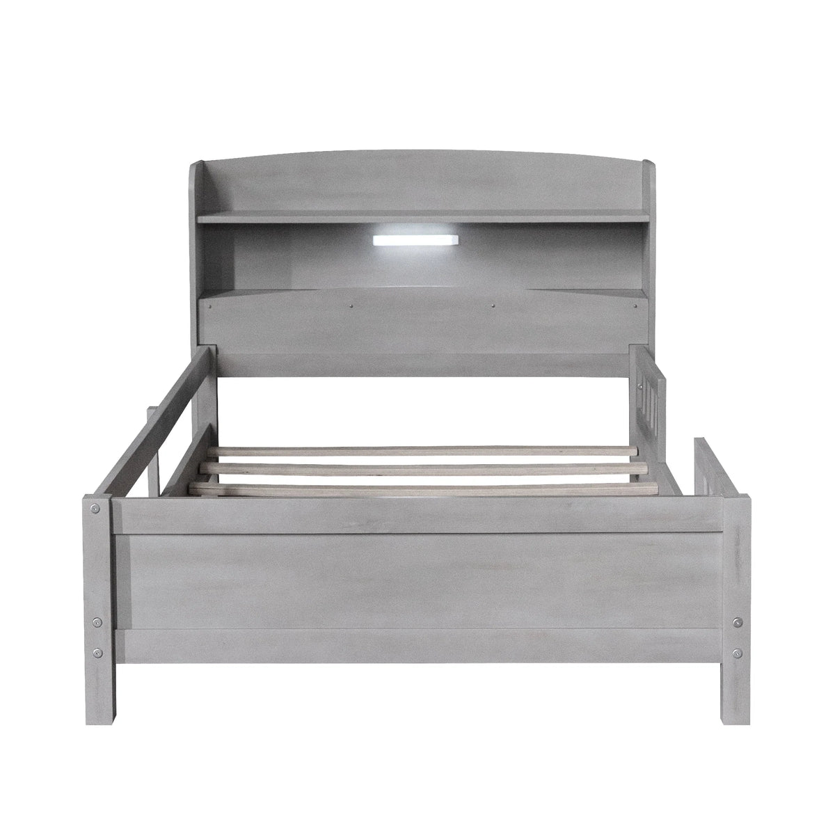 Euroco Wood Twin Size Platform Bed with Storage Headboard, Shelves and LED Light for Kids, Gray