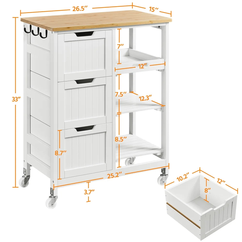 Alden Design 33" H Kitchen Storage Serving Cart for Kitchen Dining Room Bar, White