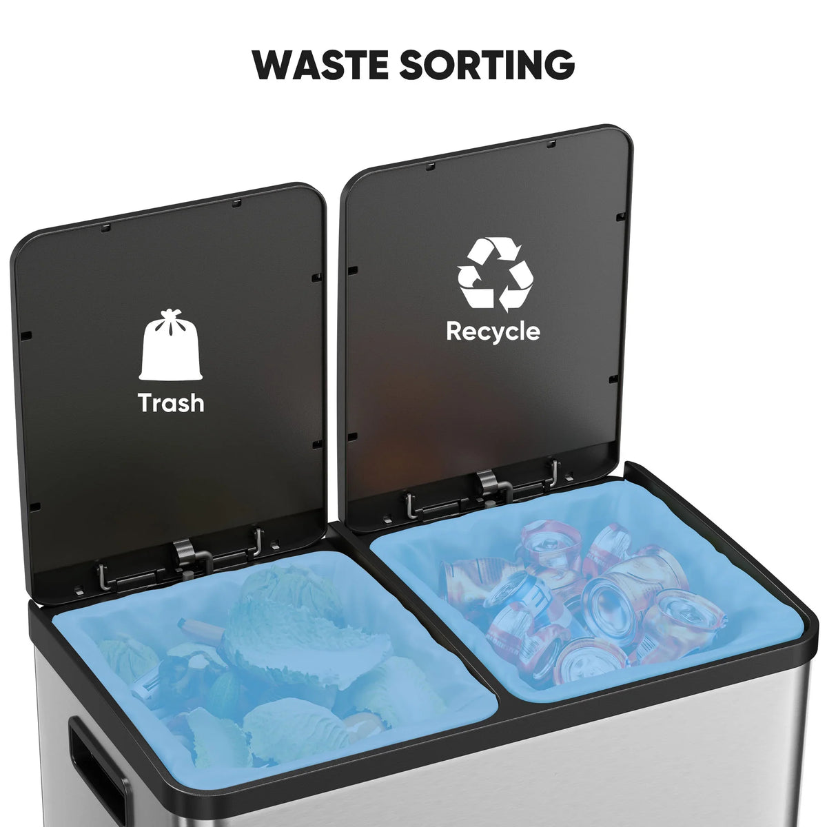 JOINSUN Trash Can, 2 x 8.3 Gallon Double Deck Trash Recycling Bin, Kitchen Bin, Silver